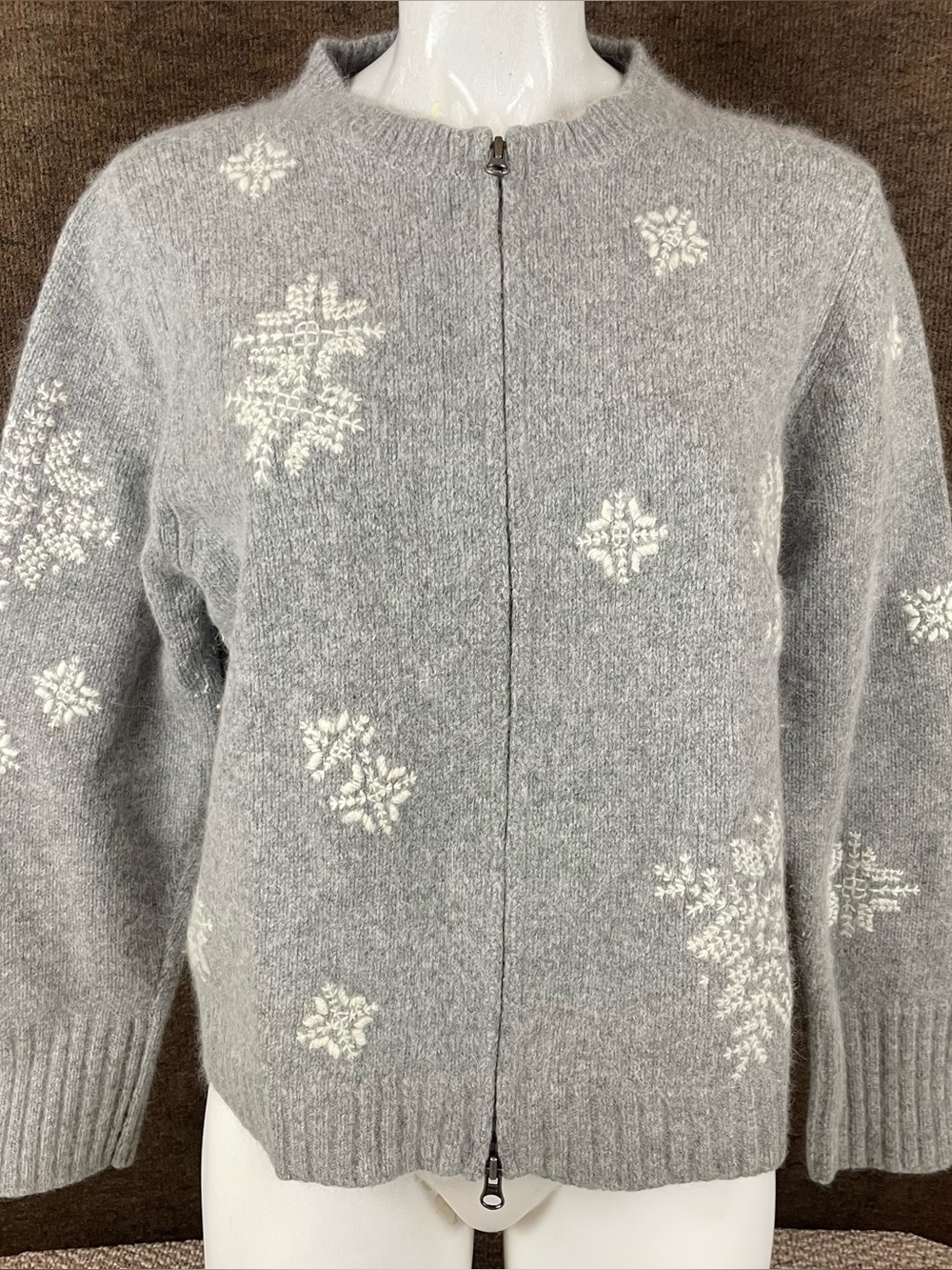 Garnet Hill Sweater Womens Large Gray Wool Angora Quiet Luxury Ski Full Zip 88